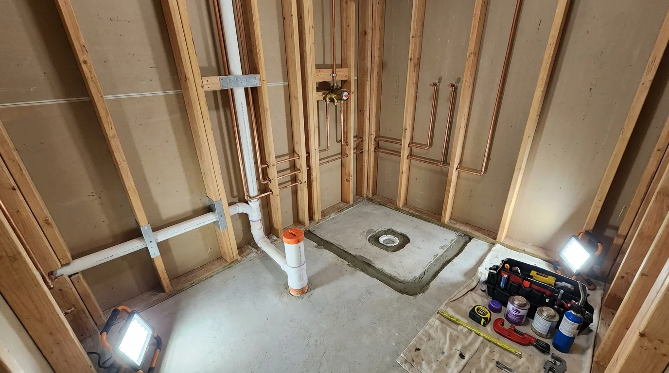 Bathroom rough-in plumbing during remodel by Johns Plumbing LLC in Thompson Falls