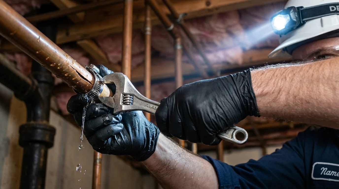 Emergency pipe clamp repair being performed by a Johns Plumbing LLC plumber in Thompson Falls