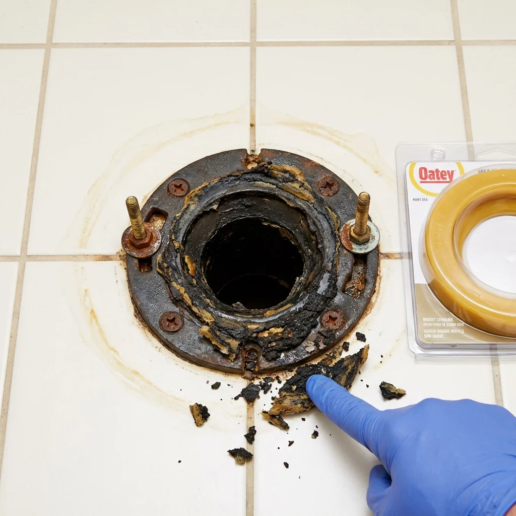 Failed wax ring showing water seepage at the base of a toilet in a Thompson Falls, MT home