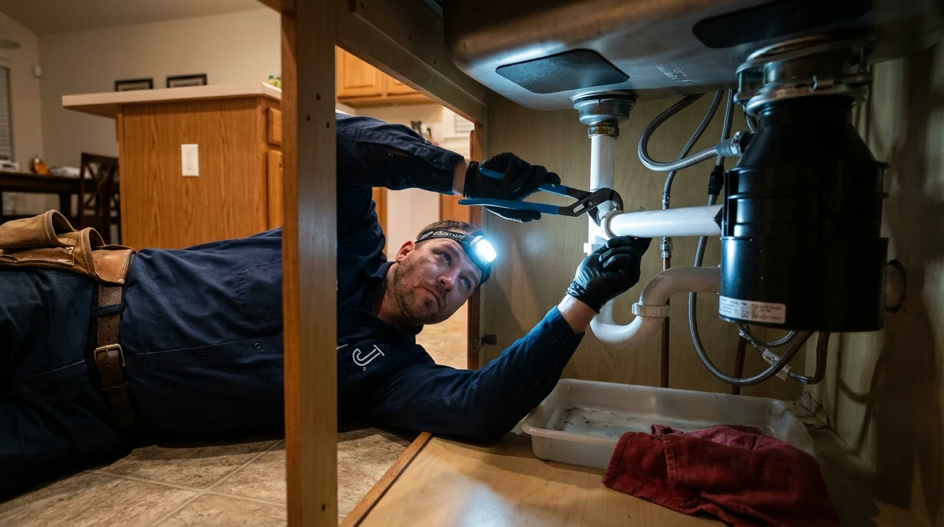 P-trap and supply line connections under a kitchen sink showing a common leak point in Thompson Falls, MT